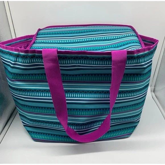 Tupperware Teal and Pink Striped Picnic Suitcase Women's Bag - Picture 2 of 7